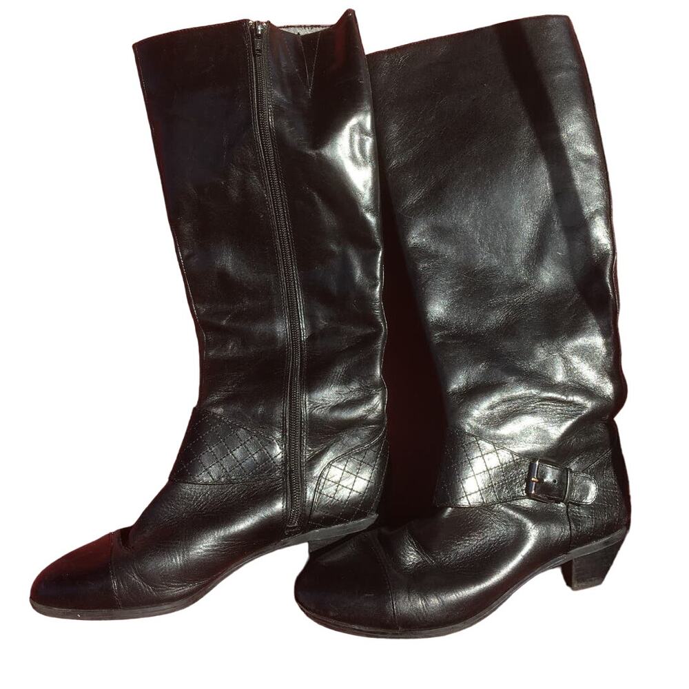 Alex Marie Size 8 Black Leather Upper Tall Boots With 1" Heel, Zipper Buckle